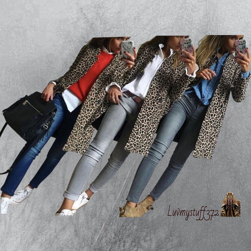 🔥🐾🔥Beautiful Coffee Black Animal Print Coat Jacket Cardigan Faux Leather Trim